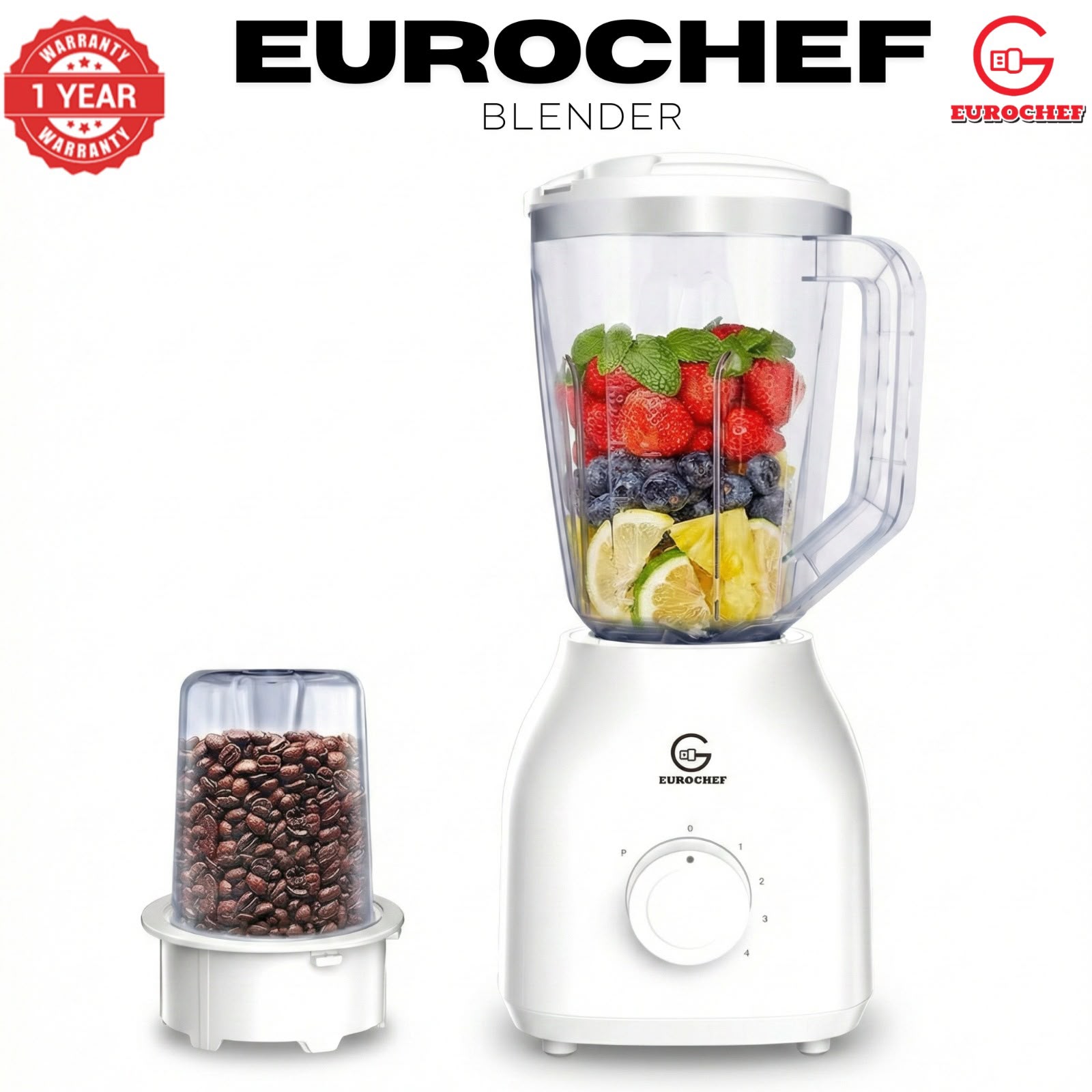 Eurochef 650w 2in1 blender 1.8 liter clear jar filled with a separate coffee/grains and cereals grinding attachment.